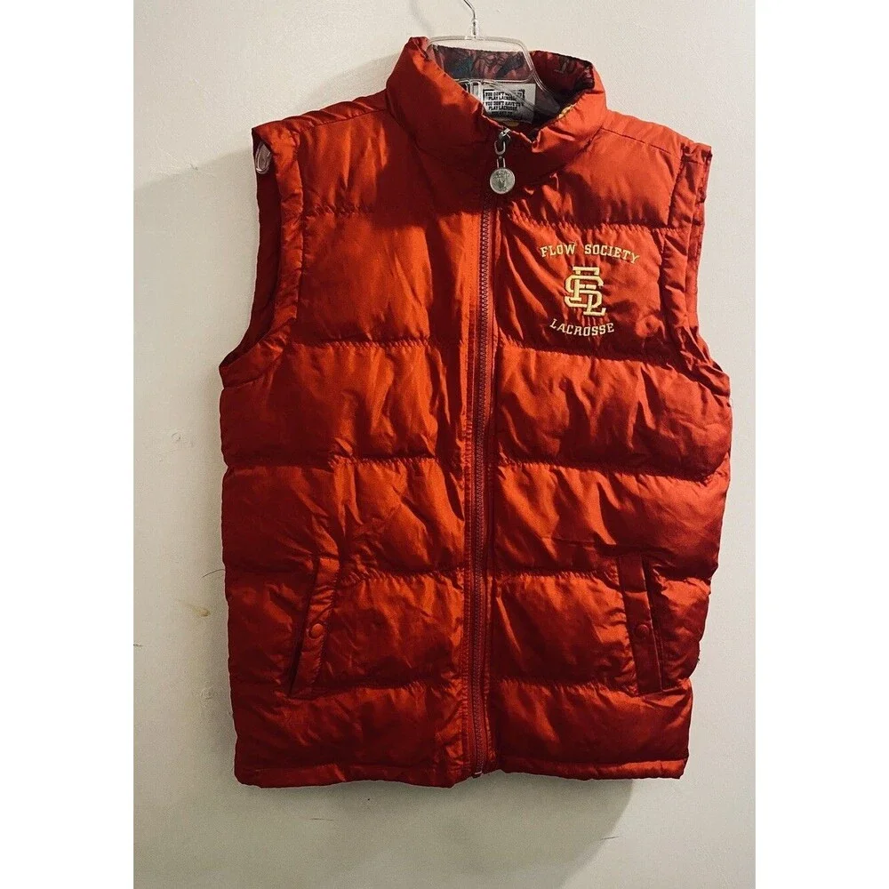 Flow Society Lacrosse Puffer Vest Boys Youth Size L Red Yellow Monkeys Graphics